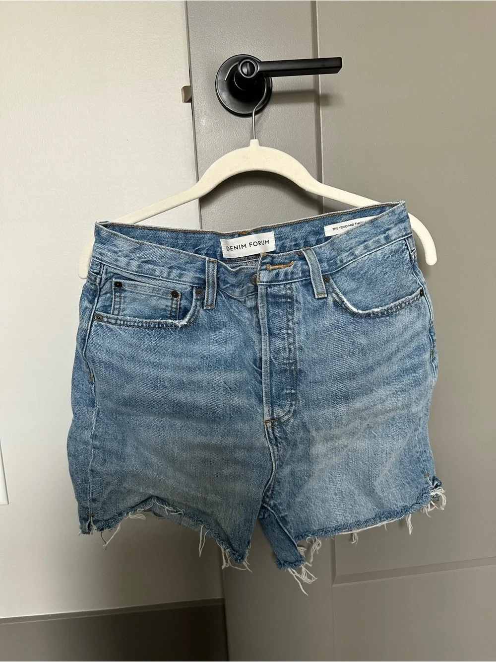 Aritzia DENIM FORUM Light Blue High-Rise Cutoff Denim Shorts